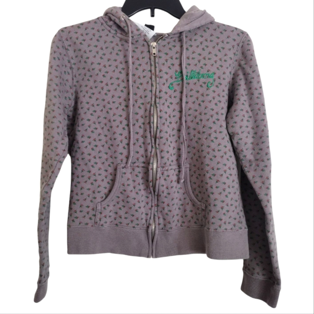 Billabong Grey Zip-Up Hoodie With Pink And Green Flower Print Size Medium